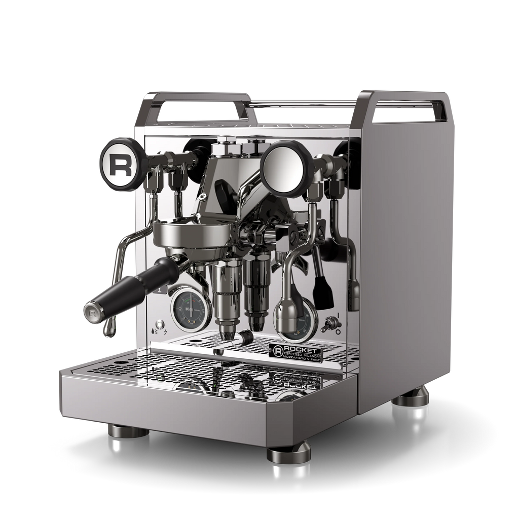 Espresso machine with a clear glass front on a white background